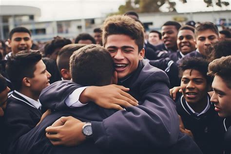 Premium Photo | Group hug at a school reunion