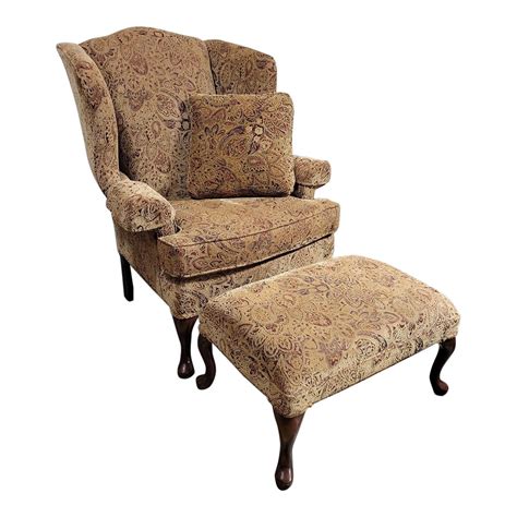 Vintage American Upholstered Queen Anne Wingback Chair Footstool And