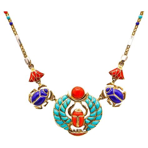 Egyptian Revival King Tut Khepri Scarab Necklace 18kt Gold With Carved