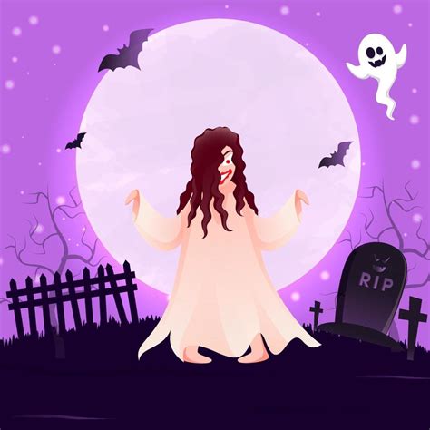 Full Moon Purple Background With Graveyard View Female Zombie And