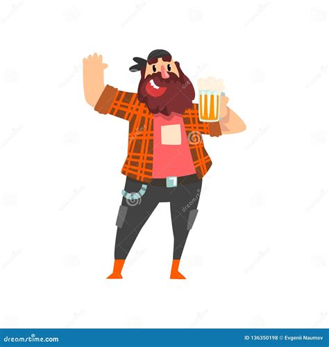 Brutal Drunk Man With Mug Of Beer In His Hand Male Character Drinking Alcohol Vector