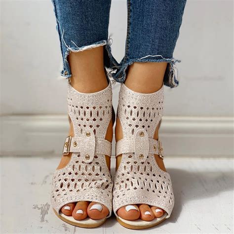 Women Summer Wedges Shoes Casual Rhinestone Sandals Boho Beach Peep Toe