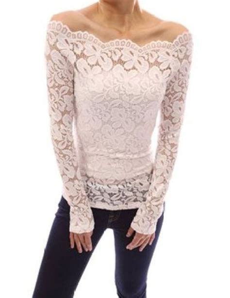 Womens Floral Lace Off Shoulder Long Sleeves Sheer Blouse Top M