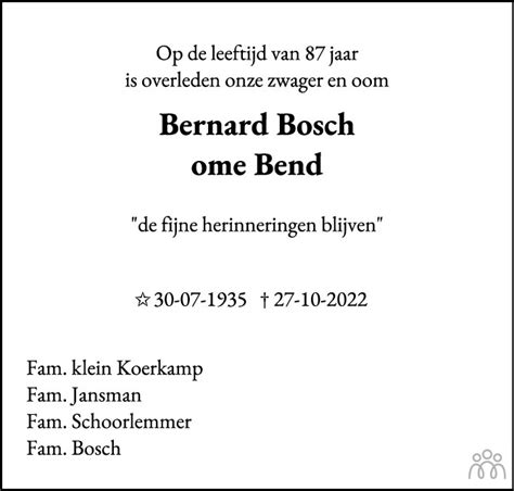 Bernard Bosch Overlijdensbericht En Condoleances Mensenlinq Nl