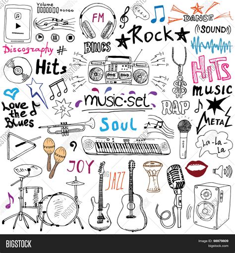 Music Items Doodle Icons Set Hand Drawn Sketch With Notes Instruments