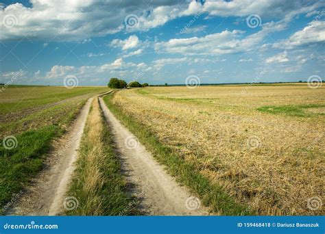 Dirt Road Through Farmland White Clouds On A Blue Sky Stock Photo