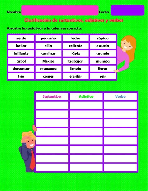 Clasificación de sustantivos adjetivos y verbos worksheet Adjetivos