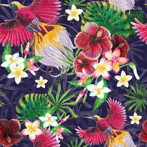 Watercolor Summer Tropical Set For Design Banner Or Flyer With Exotic Palm Leaves Hibiscus