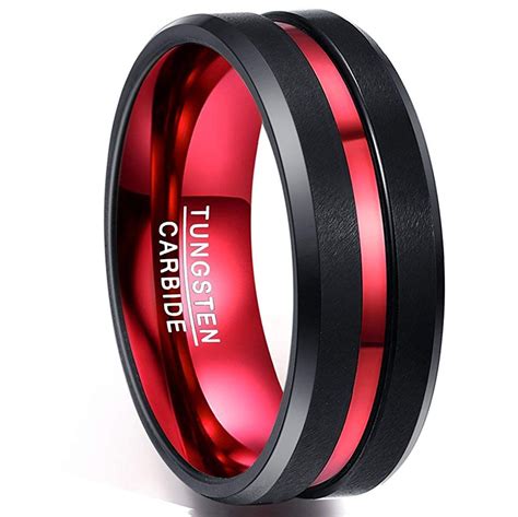 Black And Red Beveled Firefighter Tungsten Band 8mm Tungsten Mens