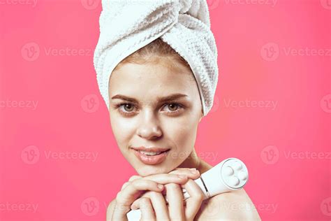 Woman With Towel On Head Naked Shoulders Skin Care Cosmetology Pink Background 22244772 Stock