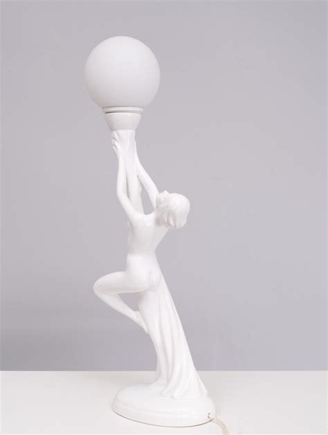 Art Deco White Ceramic Naked Woman Lamp Globe Italy 1970s Oldenbeuving Vintage Design