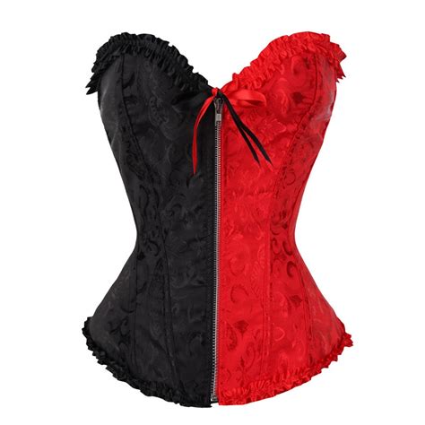 Womens Lace Up Boned Overbust Corset Vintage Black Red Renaissance Bustier