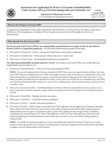 Download Instructions For Uscis Form I 690 Application For Waiver Of