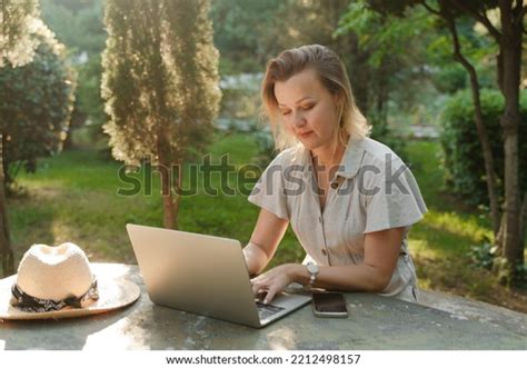 Beautiful Mature Woman Glasses Works On Stock Photo