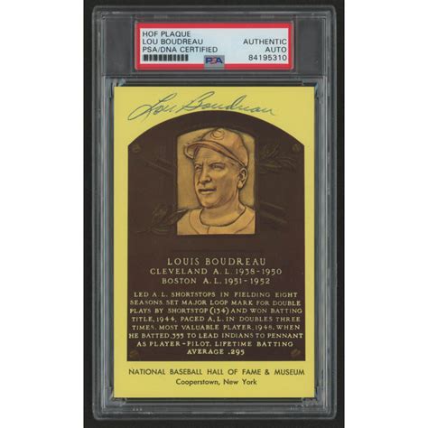 Lou Boudreau Signed Gold Hall Of Fame Plaque Postcard Psa Encapsulated