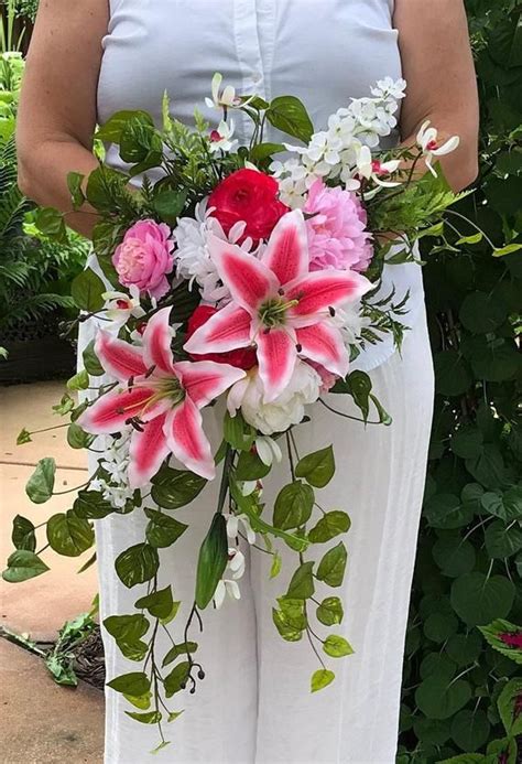 Cascading Stargazer Lily Bridal Bouquet Shades Of Pink Cascading Silk