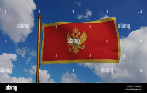 National Flag Of Montenegro Waving D Render With Flagpole And Blue Sky