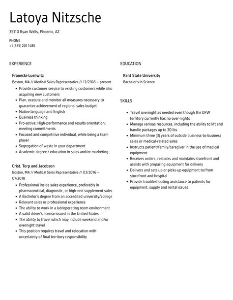 Medical Sales Representative Resume Samples Velvet Jobs