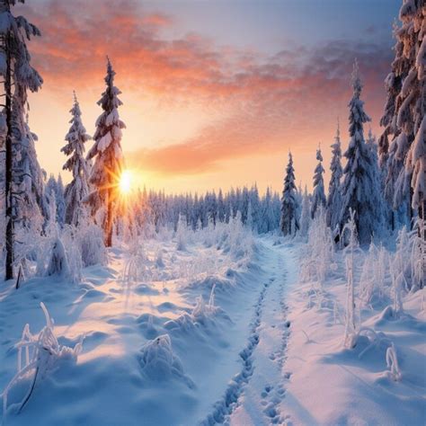 Premium Photo | A snowy forest with a sunset in the background