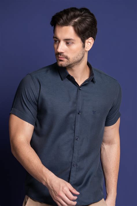 Camisa Social Masculina Manga Curta Prime Marinho