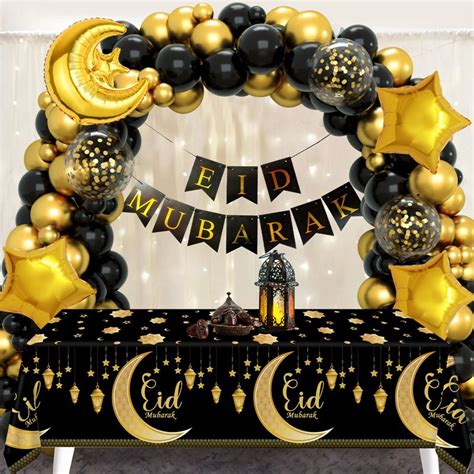 Black Gold Eid Mubarak Balloon Banner Set Tablecloth Moon Star Foil