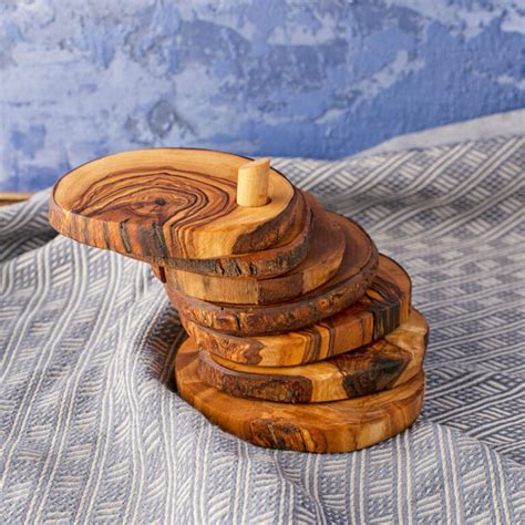 Olive Wood Coaster Set With Pin Holder Forest Decor