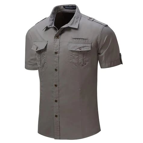 Mens Short Sleeves Shirts Fashion Casual Slim Shirt Military Style