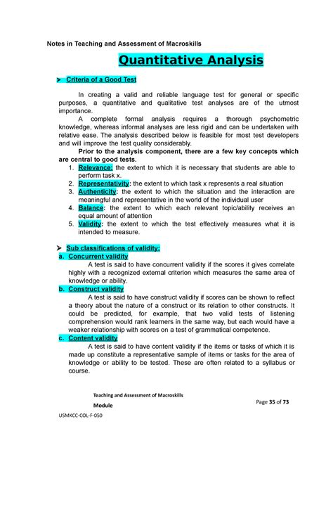 Quantitative Analysis Notes In Teaching And Assessment Of Macroskills