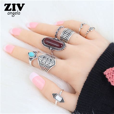 Pcs Bohemian Vintage Tiger Eye Stone Rings Set Women Ethnic Retro Ring