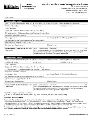 Fillable Online Hospital Notification Of Emergent Admissions Prior