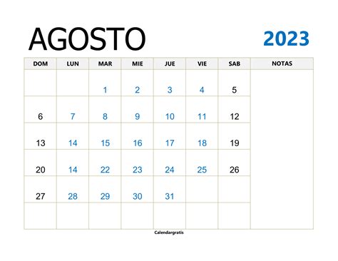 Calendario Agosto 2023 Con Notas