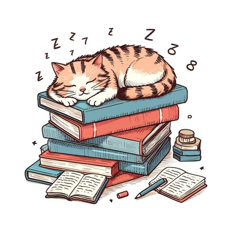 Premium Vector Cute Cat Sleeping On A Pile Of Books A Cat Sleeping On