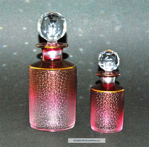 Pair Antique French Baccarat Cranberry Etched Glass Crystal Perfume