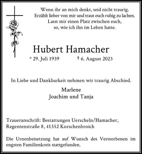 Alle Traueranzeigen F R Hubert Hamacher Trauer Rp Online De