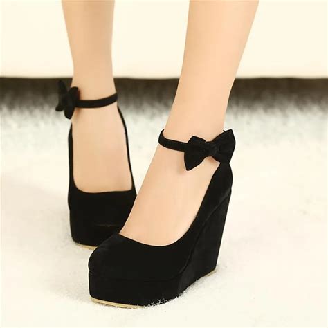 Female Shoe Vogue Black Bow Wedges High Heels Women Cute Buckle Shoes Sexy Women Fashion Buckle