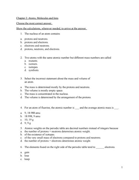 Chapter 2 Atoms Molecules And Ions Questions Chapter 2 Atoms Molecules And Ions Choose The