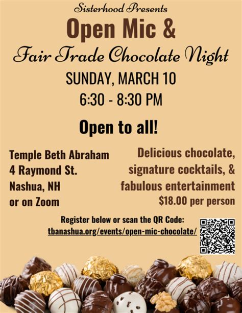 Sisterhood Open Mic Fair Trade Chocolate Night Event Temple Beth