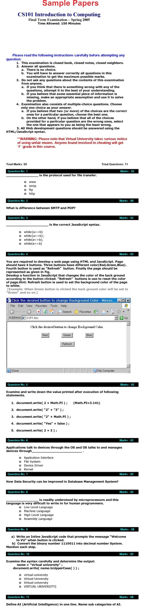 Cs Introudction To Computing Bsc Computer Science Vu University Past