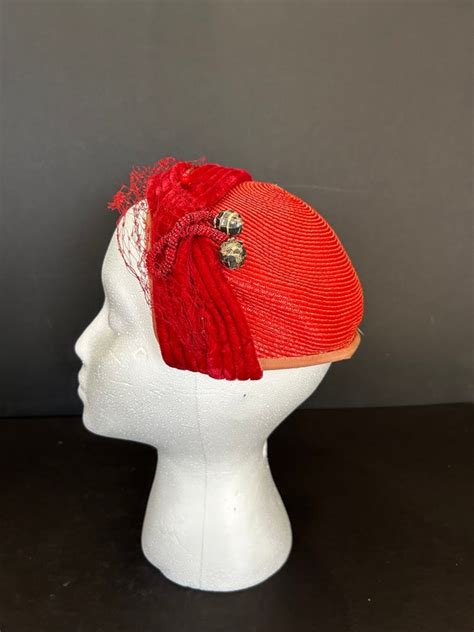 S Red Straw Velvet And Netting Fascinator Women Gem