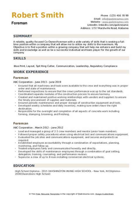 Foreman Resume Samples Qwikresume