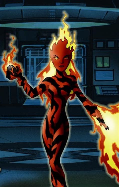 A Woman Dressed In Red And Black With Flames