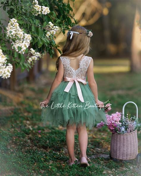 Sage Green Tulle Flower Girl Dress Ivory Flower Girl Dress White Lace