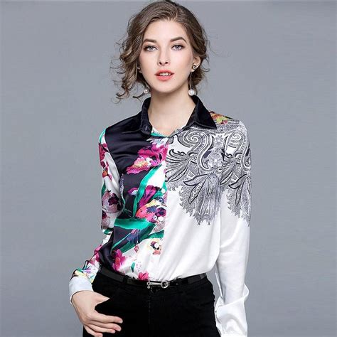 Elegant Floral Print Silk Patchwork Top Shirt Blouse Shirts Women Fashion Elegant Work Wear