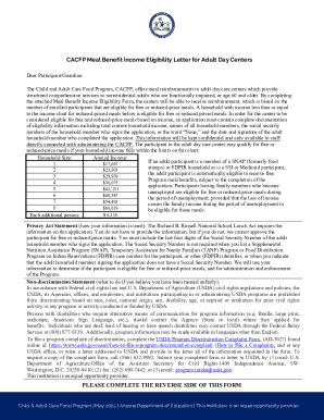 Fillable Online Cacfp Meal Benefit Income Eligibility Adult Form