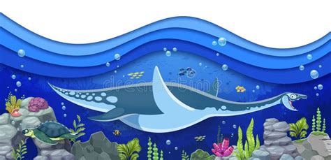 Underwater Plesiosaurus Dinosaur Paper Cut Ocean Stock Illustration