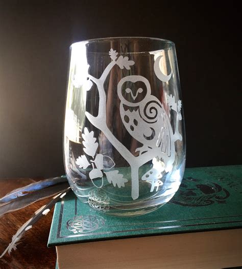 Owl Etched Glass Owl In An Oak Tree Stemless Wine Glass Owl Etsy Uk