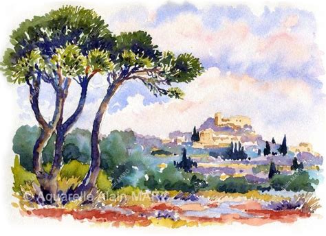 Provence pins d Alep à Vernègues Aquarelle 21 x 29 7 cm valeur