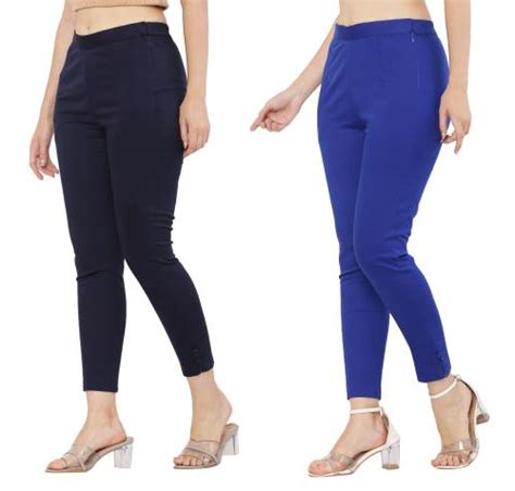 Buy Preego Women Dark Blue And Royal Blue Solid Cotton Blend Trouser Online At Best Prices In