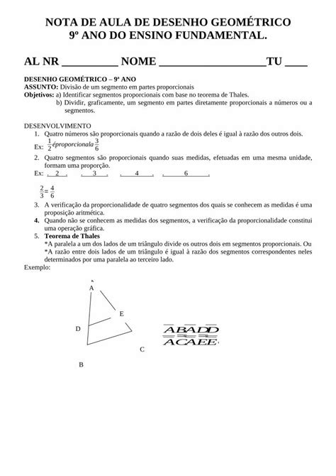 PDF NOTA de AULA 9º Ano Divisão de Segmentos Em Partes