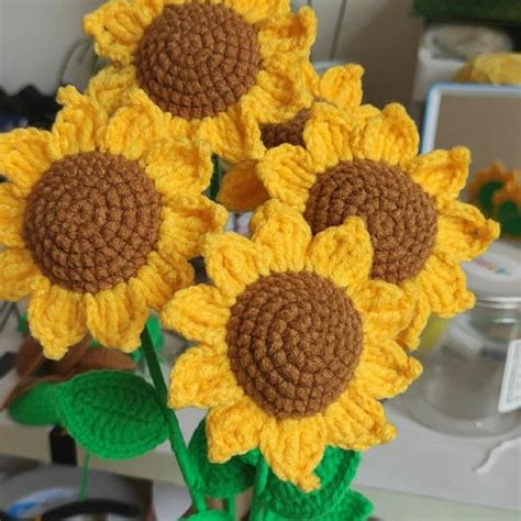 Crochet Sunflowers Set Of 4 Handmade Knitted Flowers Etsy